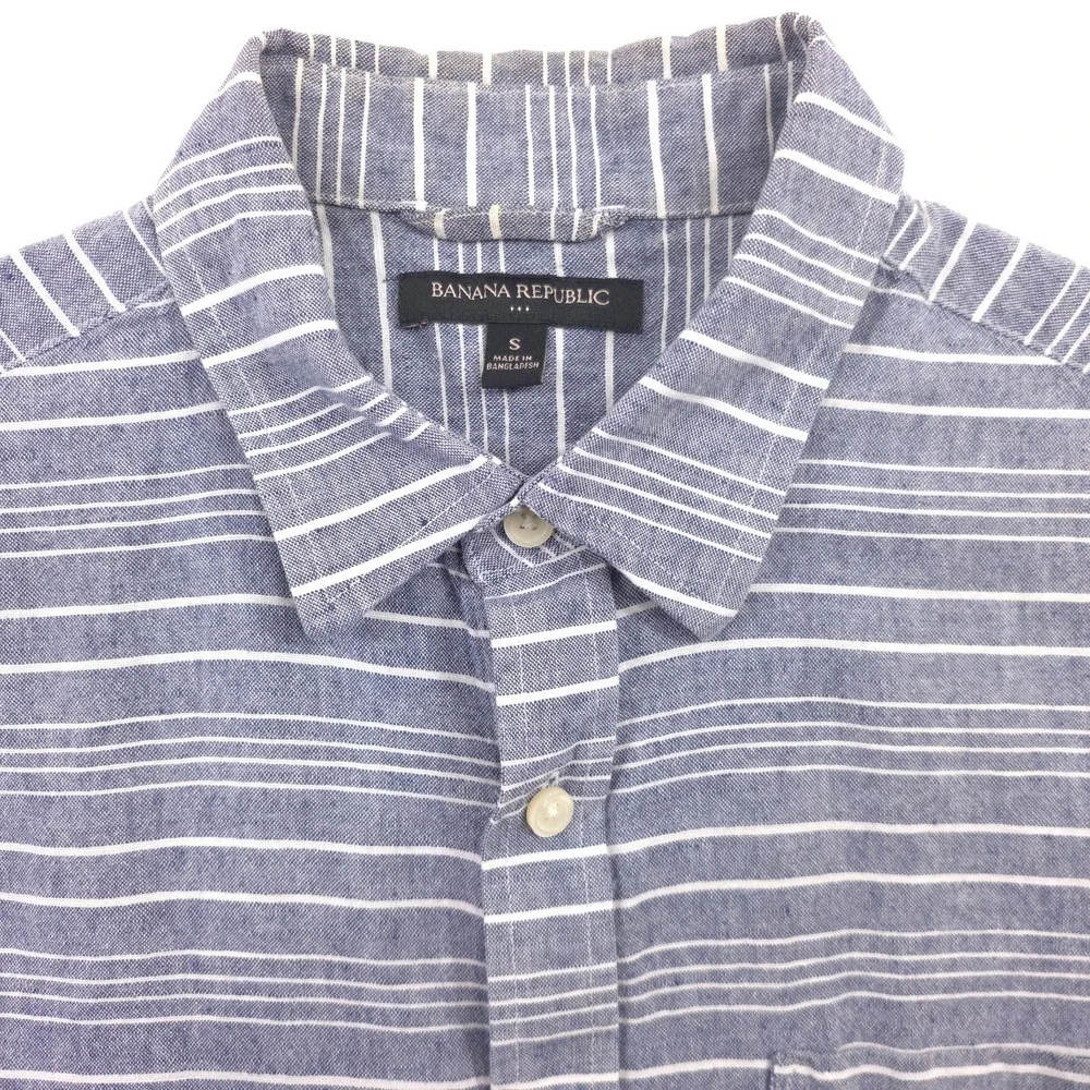 Banana Republic Mens Shirt S Blue White Striped Linen Cotton Short Sleeve Button